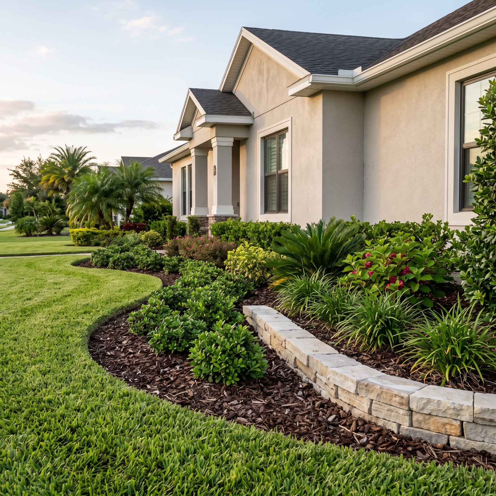 A landscaped bed and hardscape beside a lawn