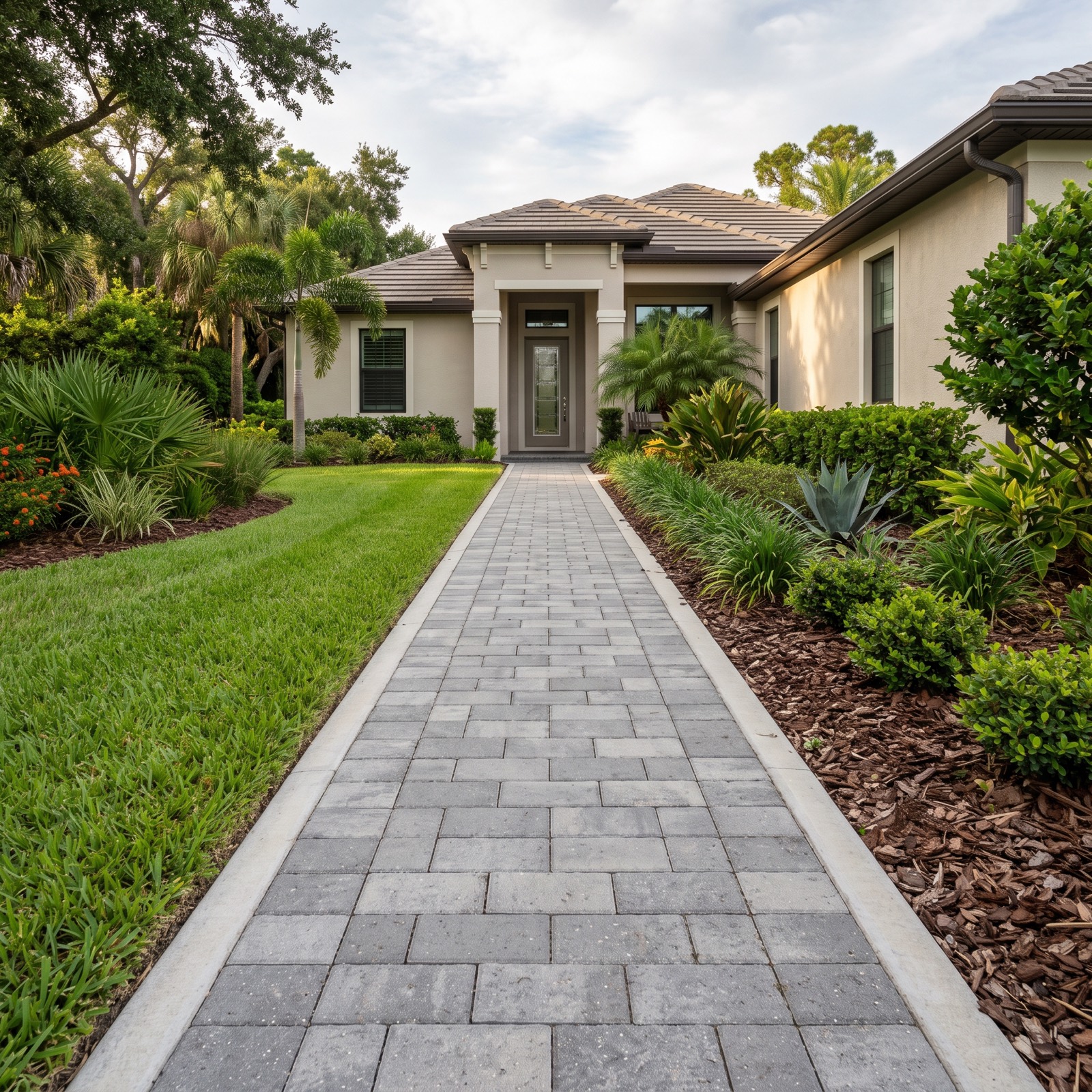 A paver walkway through a yard